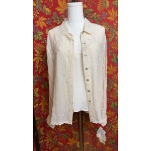TESS 100% Silk Twin Set‎ French Vanilla Polka Dot Lace Blouse Camisole XL NWT